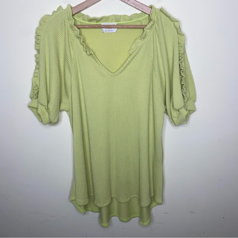 Fanstastic Fawn Small Lime Green Ribbed and Ruffled Oversized Tunic Stretchy Top